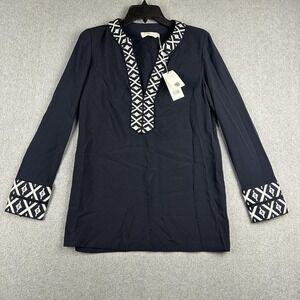 Tory Burch Tunic Blouse Womens 2 Medium Navy Geometric Trim Long Sleeve NWT